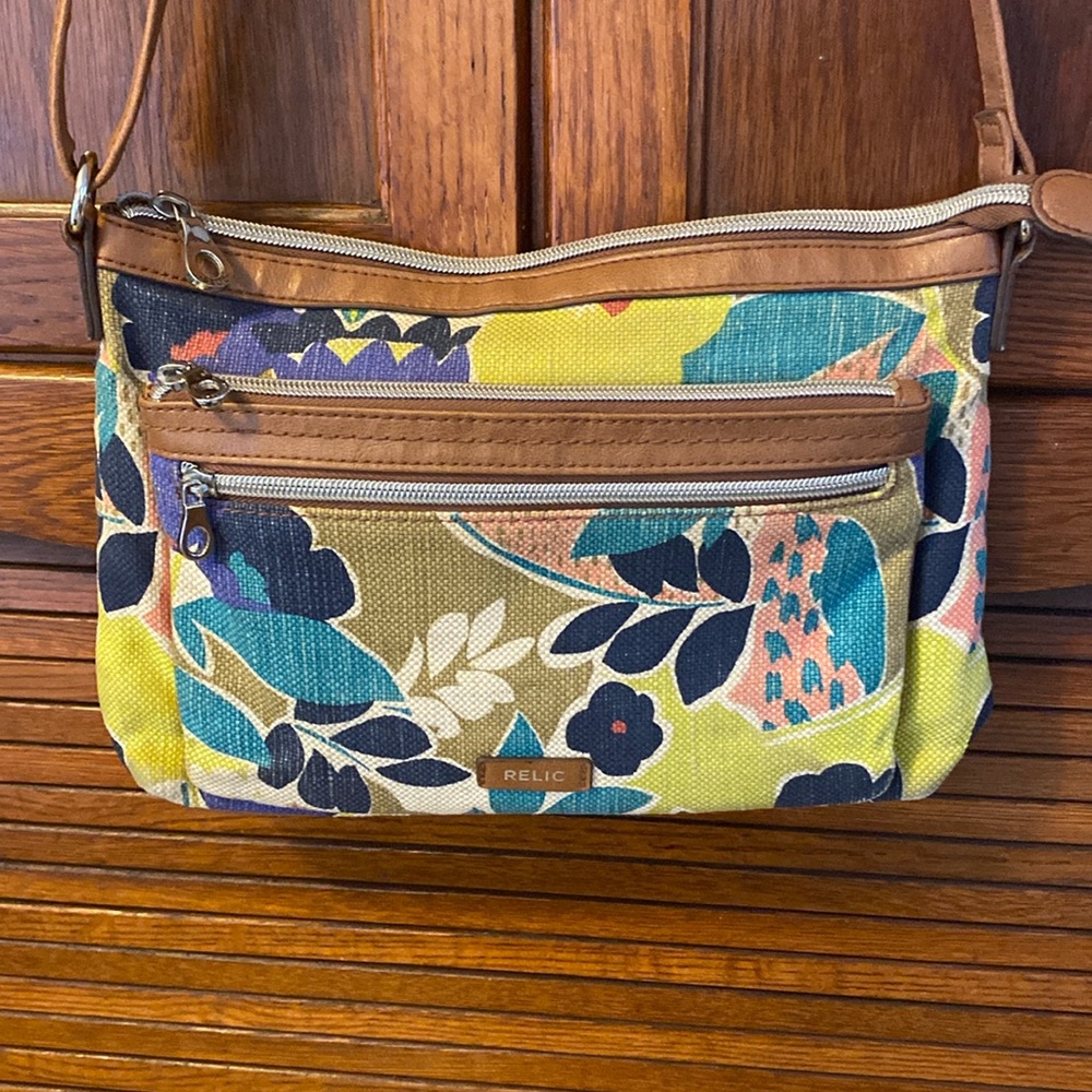 Relic Floral Canvas Crossbody Bag in Yellow, Teal, Navy, Pink